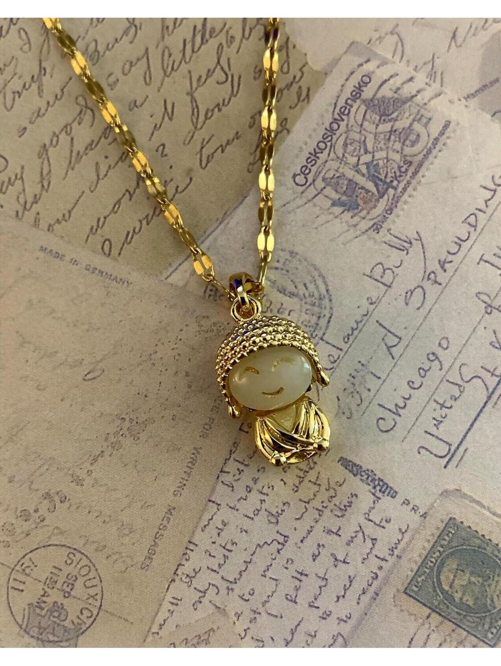 Buddha Pendant Yellow Metal Translucent Milky White Glass Twisted Chain Necklace
